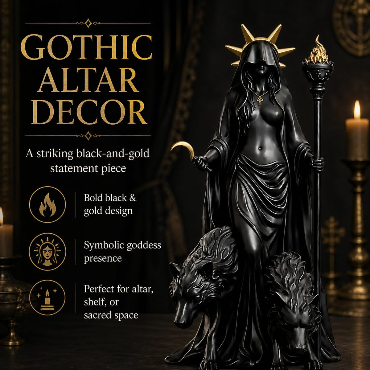 Generic Hecate statue Magic hounds enhance mystical ambiance in home or altar