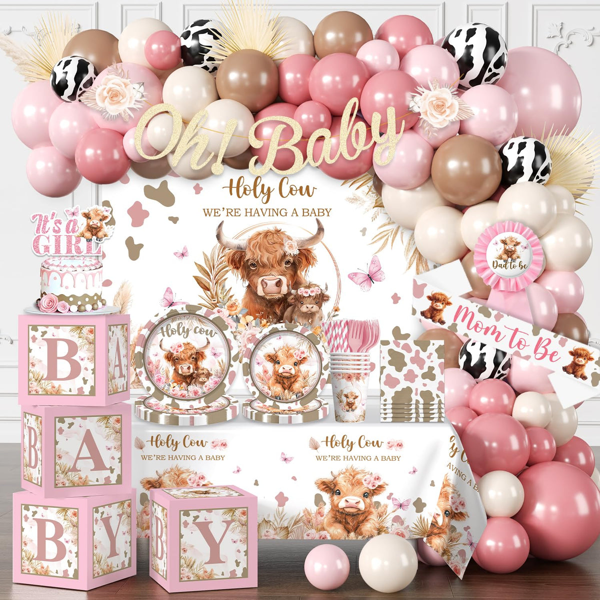 Generic Highland Cow Oh Baby Banner greets guests with a playful pink theme