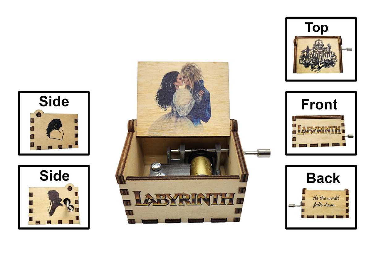 Generic Labyrinth music box lid art shows Goblin King and Sarah.