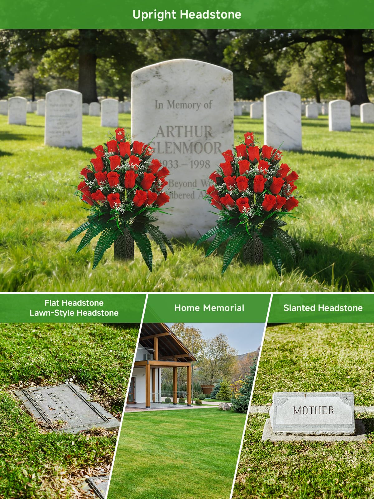 Generic memorial flowers for daily remembrance on graves.
