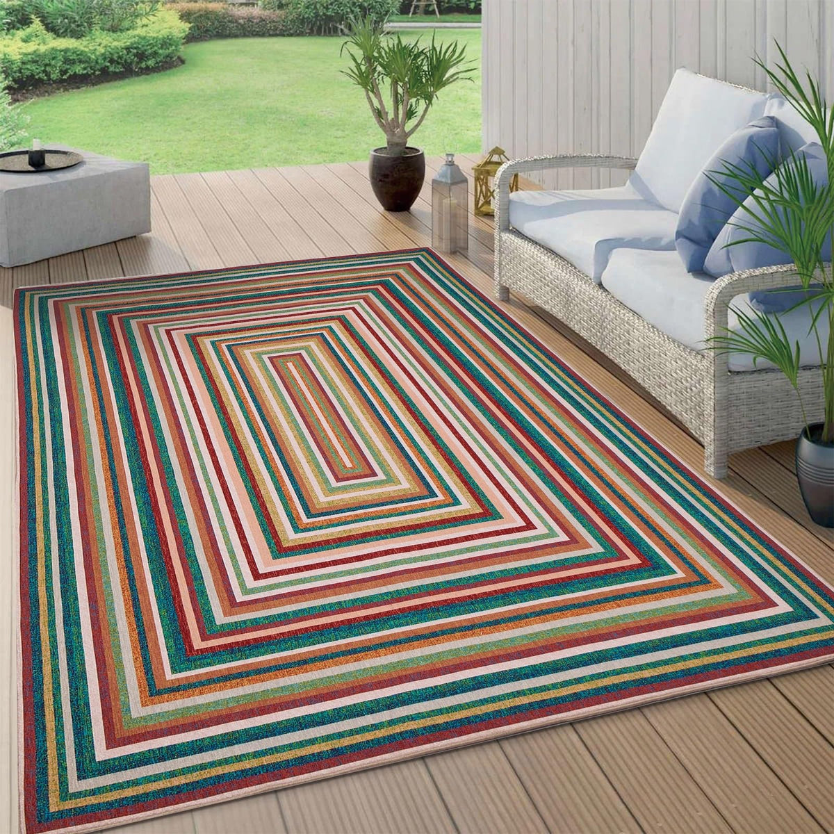 Generic multicolor rug indoor-outdoor use highlights easy cleaning and versatile placement.