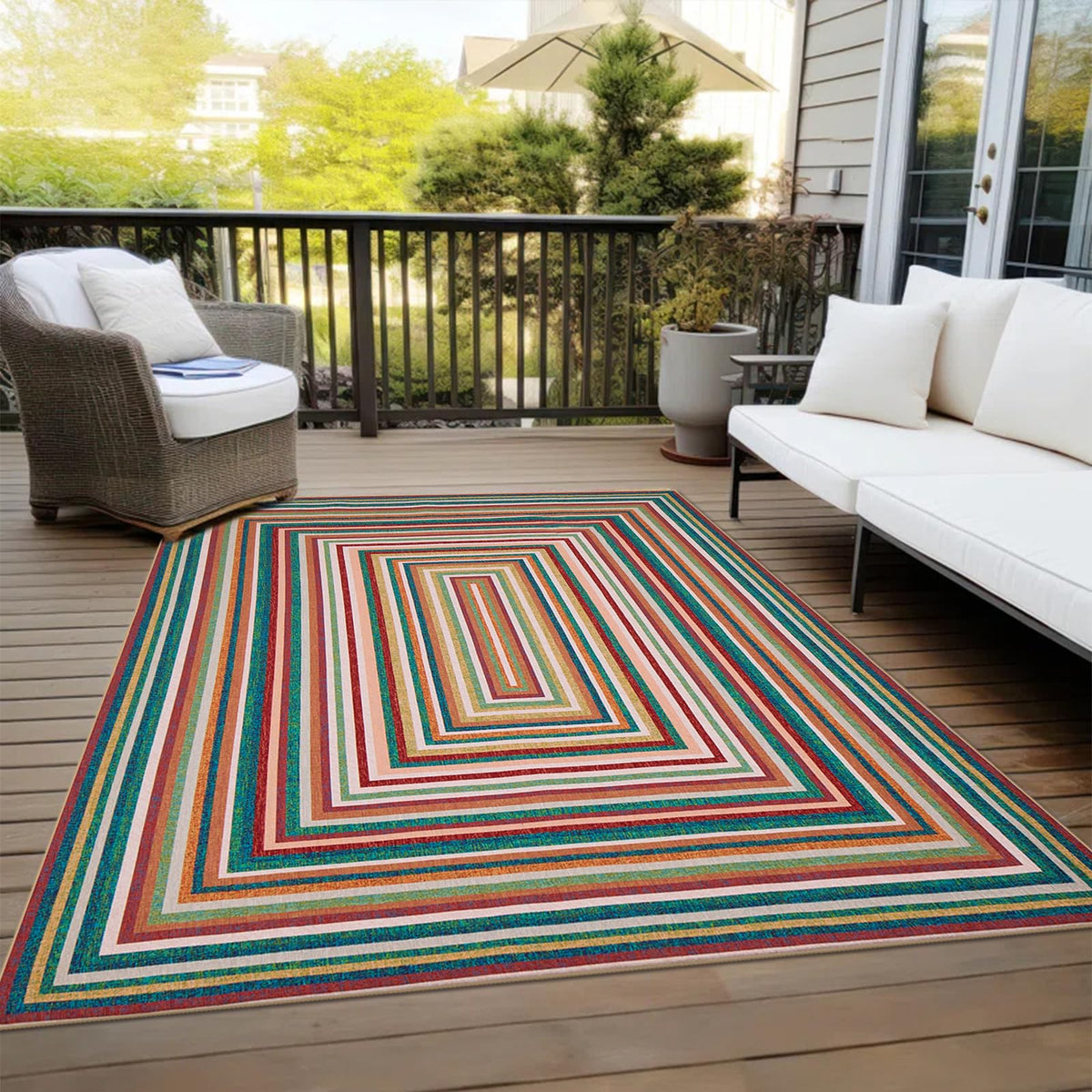Generic multicolor rug kid and pet-friendly design withstands busy homes.