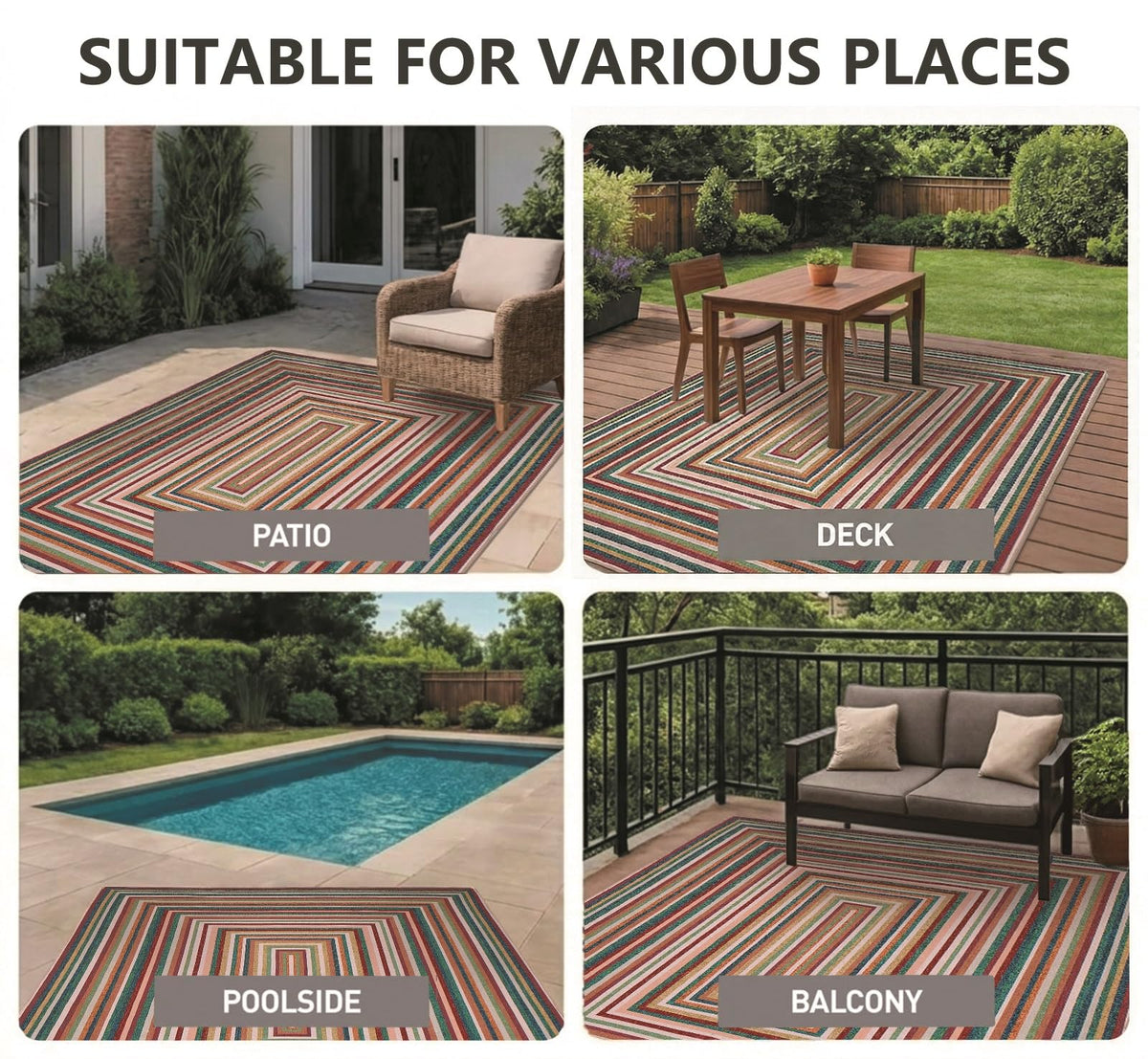 Generic multicolor rug low-pile design feels smooth underfoot and vacuums easily.
