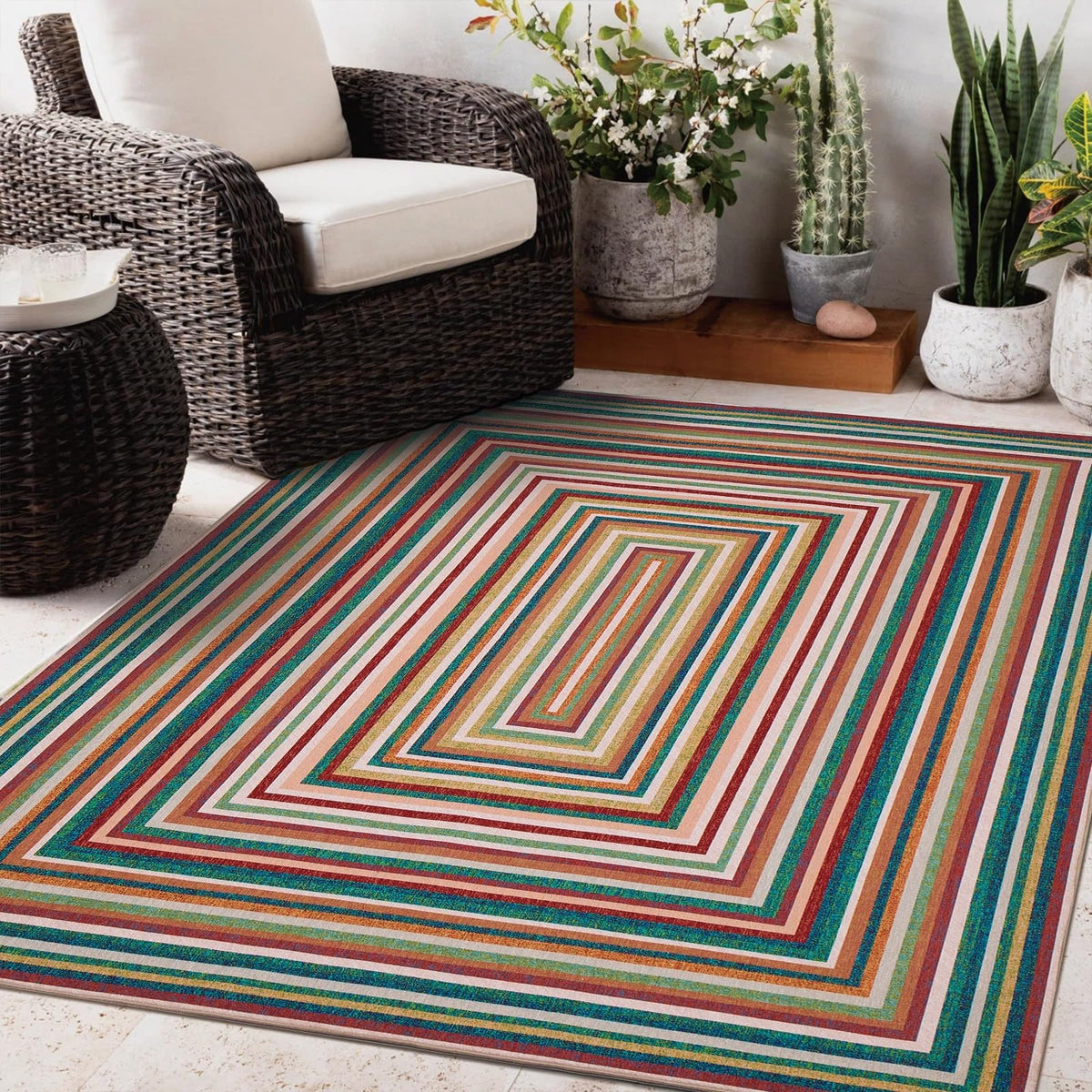 Generic multicolor rug non-slip backing provides secure placement on any floor.