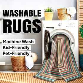 Generic multicolor rug for patio and deck enhances outdoor gatherings.