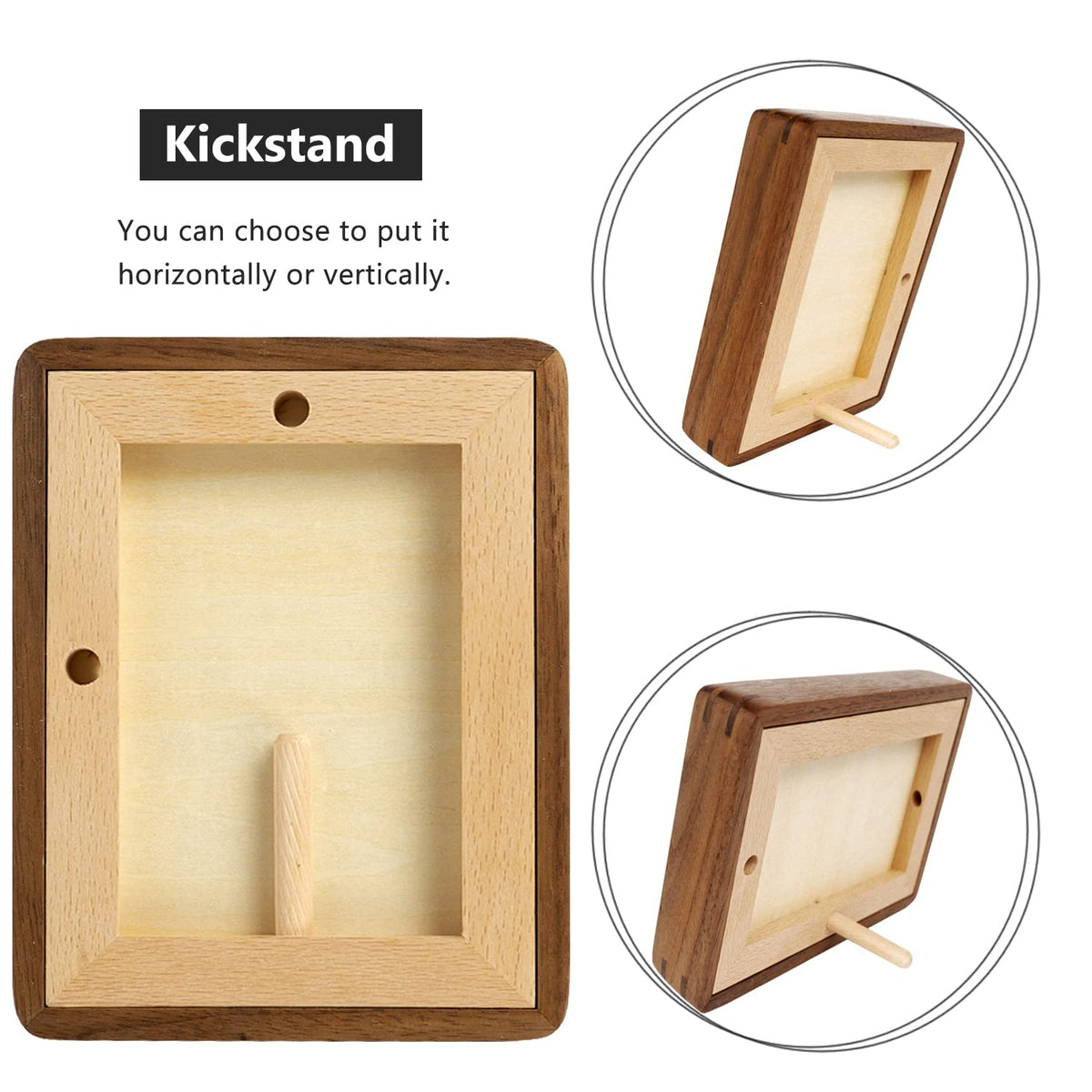 Frame shown both on tabletop and wall mounting options in walnut finish