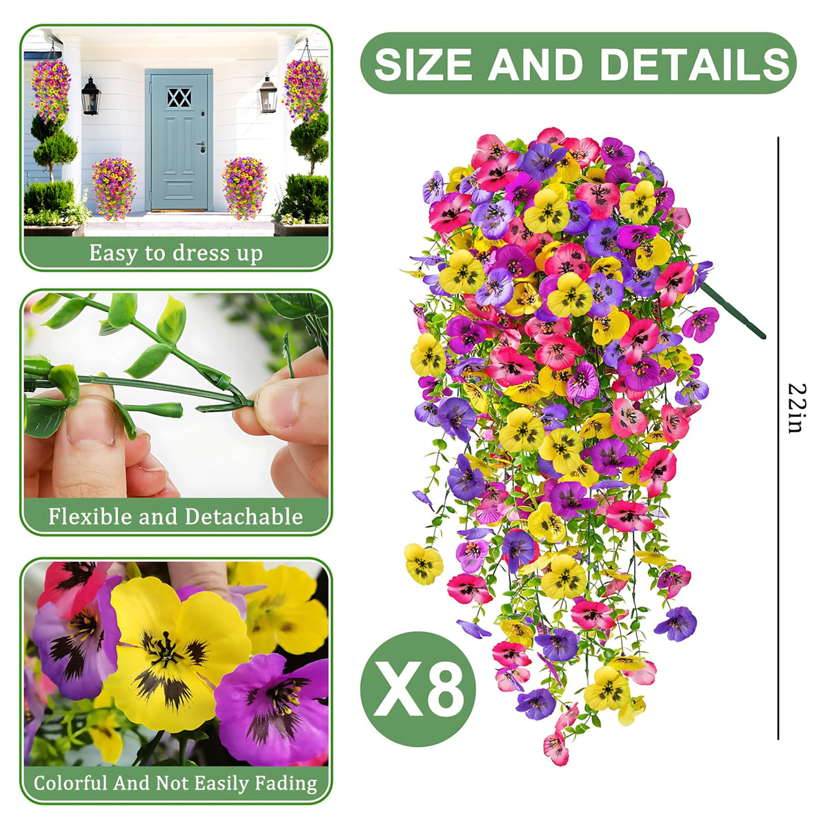 Generic pansy artificial flowers 22in summer decor provide lush ambience without watering.