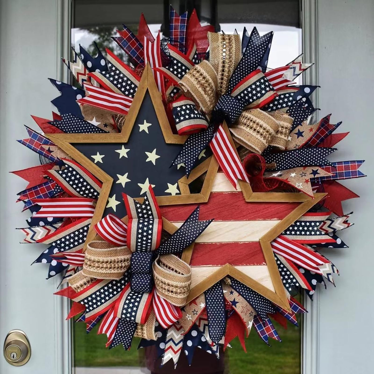 Generic patriotic wreath for the front door in red, white, and blue—ideal for 4th of July decor.