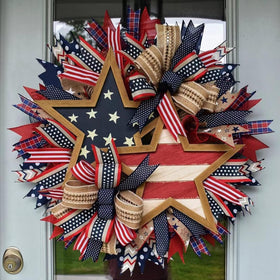 Generic patriotic wreath for the front door in red, white, and blue—ideal for 4th of July decor.