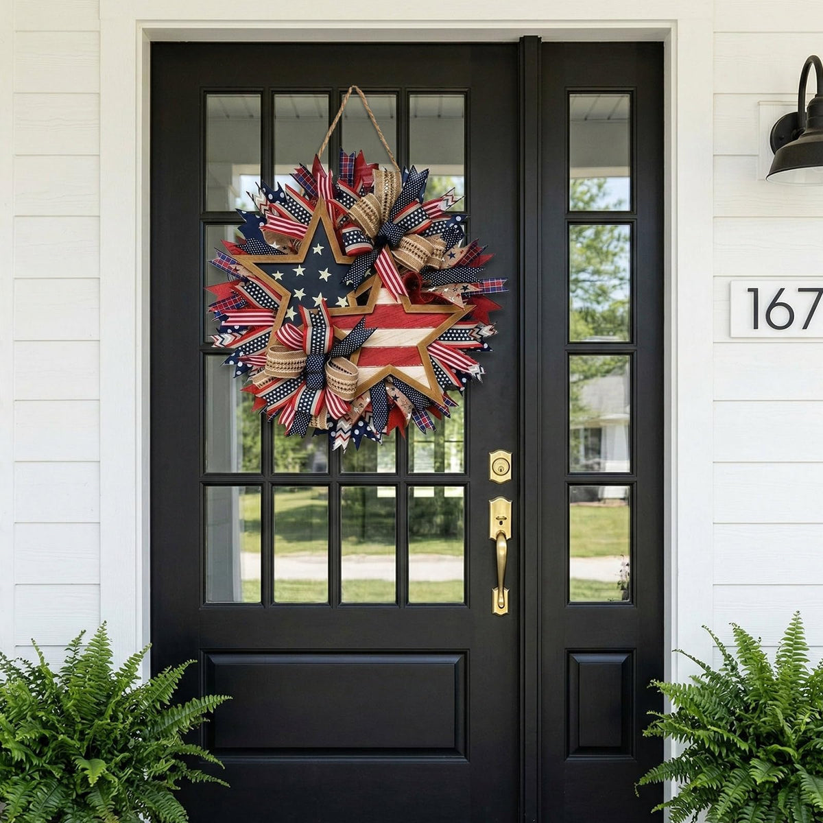 Generic patriotic wreath for wall display adds festive charm.