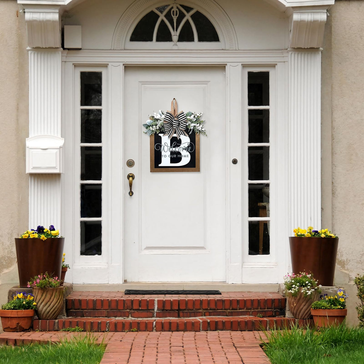 Generic pine wood sign with last name boosts personalized farmhouse style.