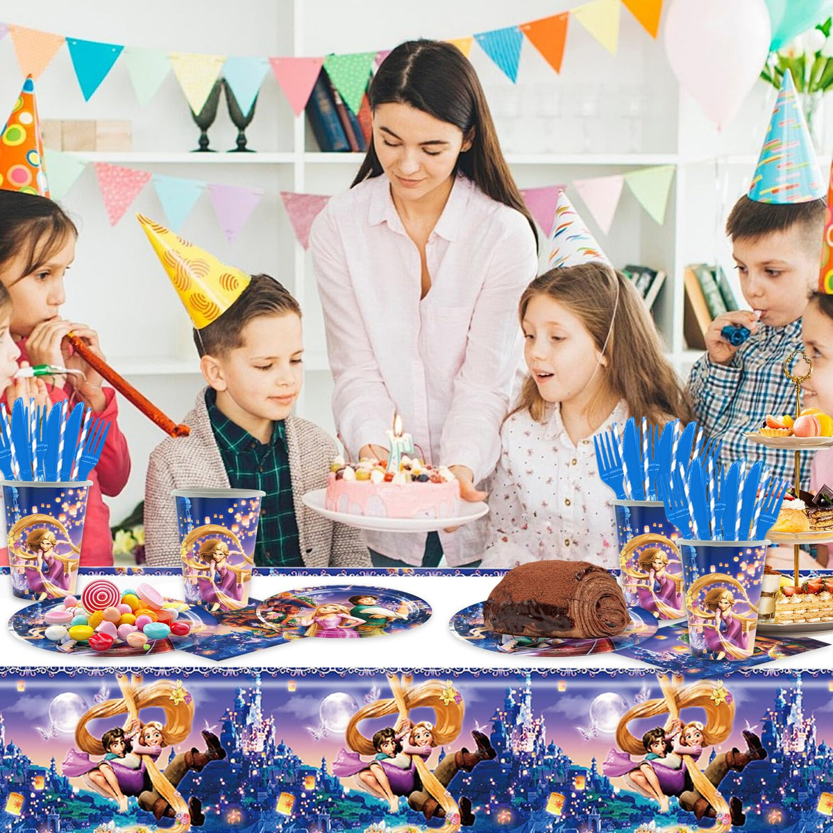 Generic Rapunzel plastic tablecloth protects surfaces during celebrations.