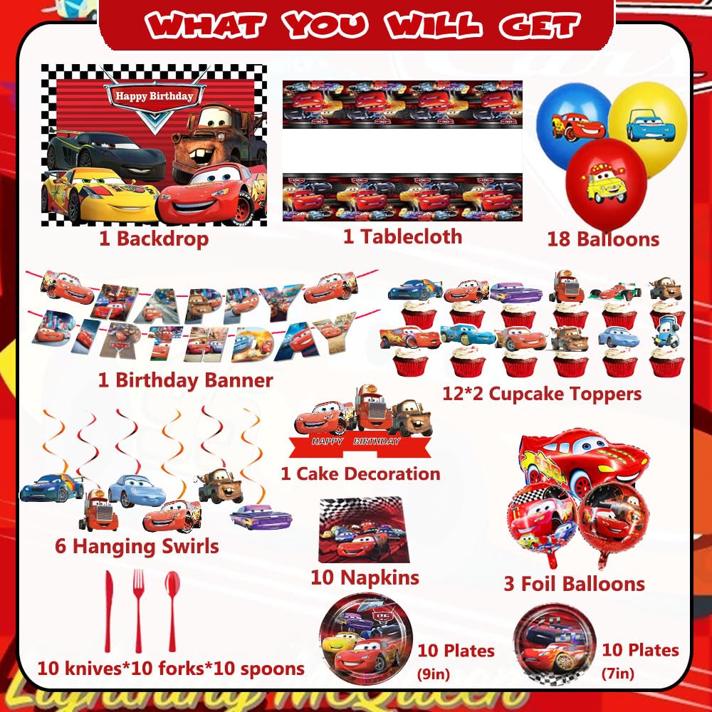 Generic Red Car Birthday Banner frames cake area with cheerful branding