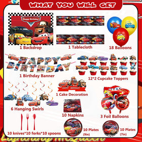 Generic Red Car Birthday Banner frames cake area with cheerful branding