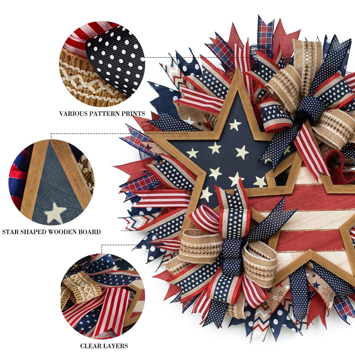 Generic red white blue farmhouse wreath enhances porch curb appeal.