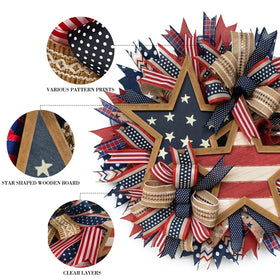 Generic red white blue farmhouse wreath enhances porch curb appeal.