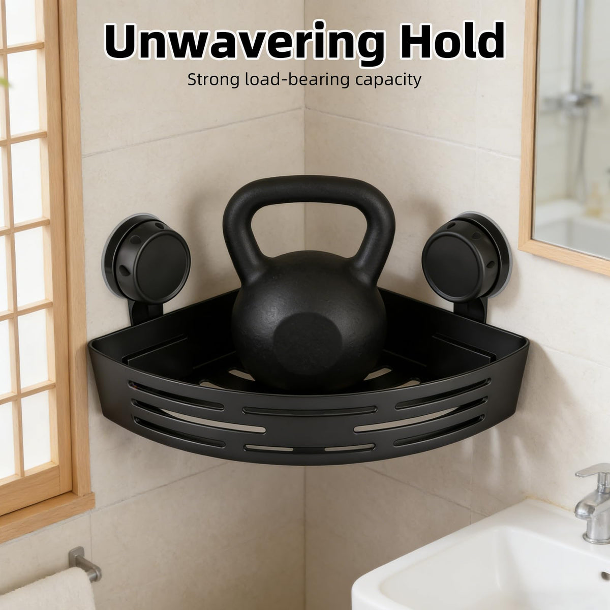 Generic removable baskets and hooks expanding storage in the shower or bathroom.