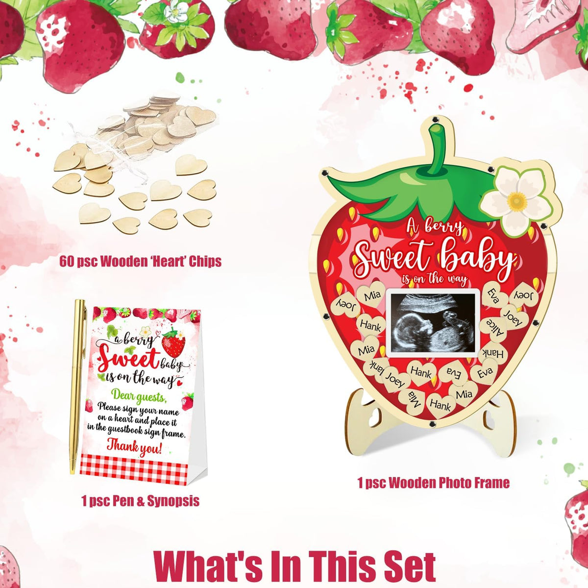 Generic wooden display stand with strawberry theme highlights keeps guest notes neatly organized