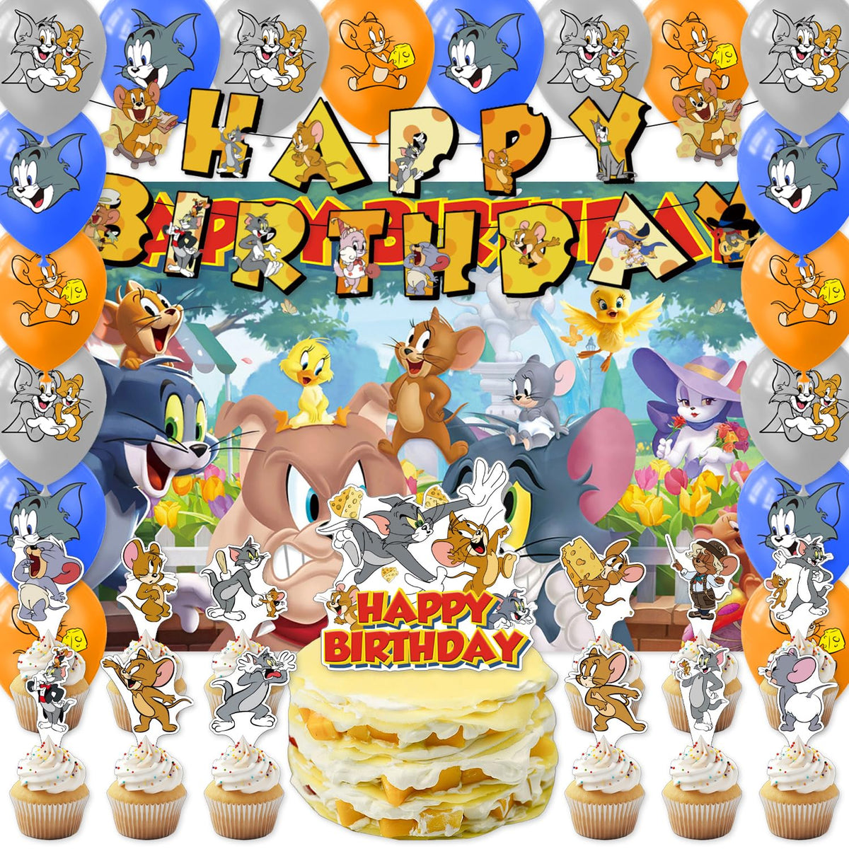 Generic Tom and Jerry birthday banner with colorful letters for a festive backdrop.