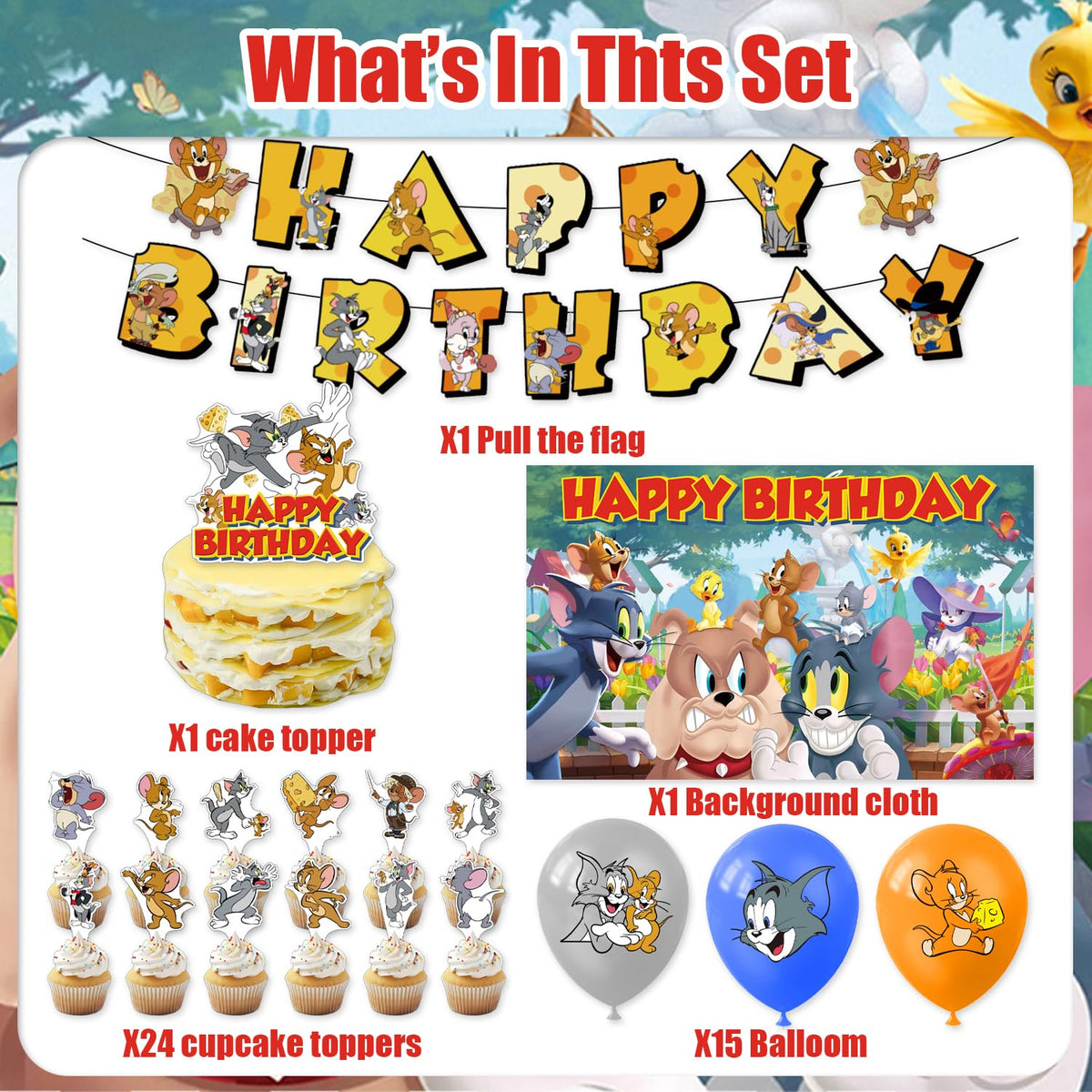 Generic Tom and Jerry cake topper centers the cake with themed charm.