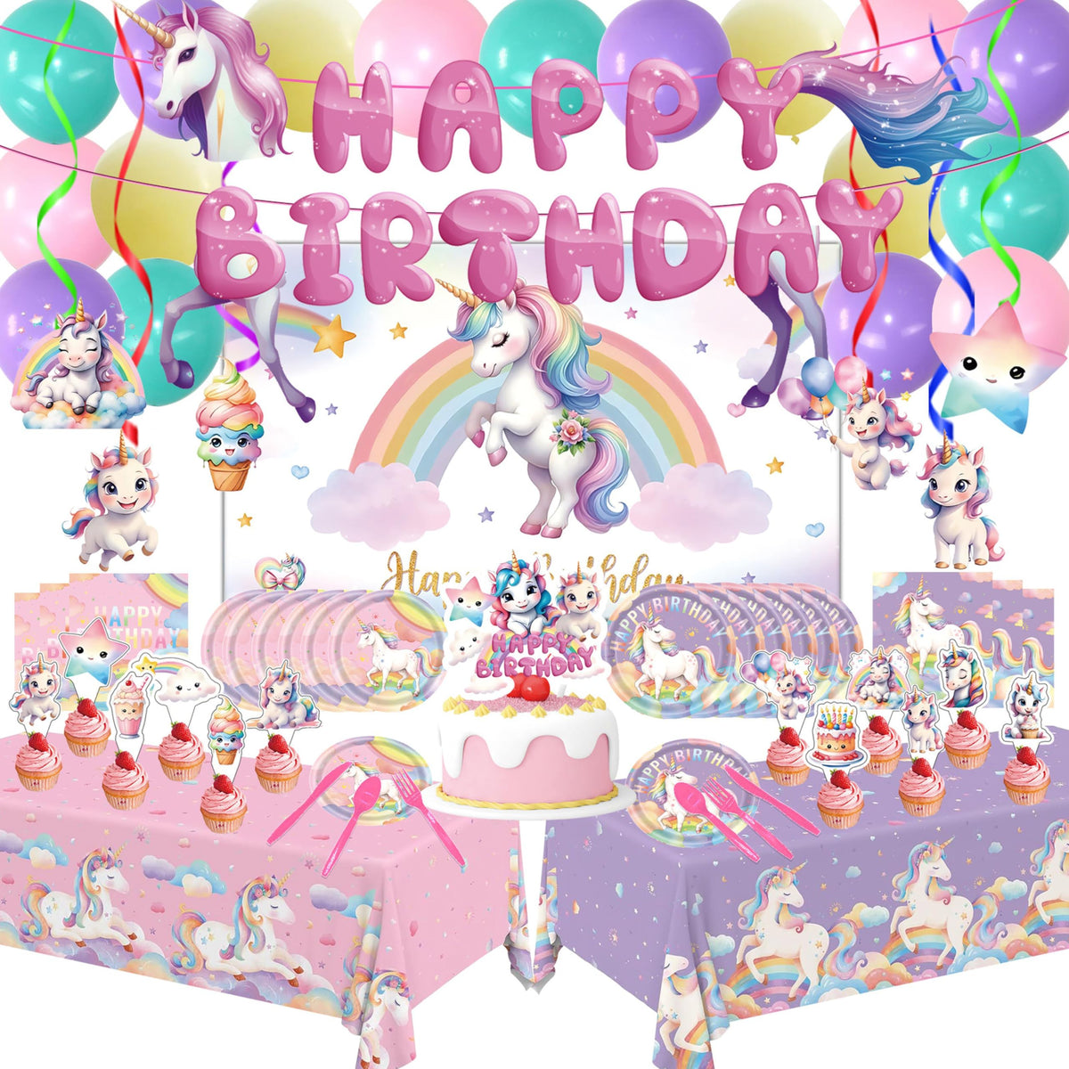 Generic unicorn party backdrop enhances photo moments with a magical ambiance