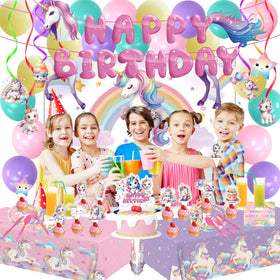 Generic unicorn party cake topper highlights the centerpiece for photos