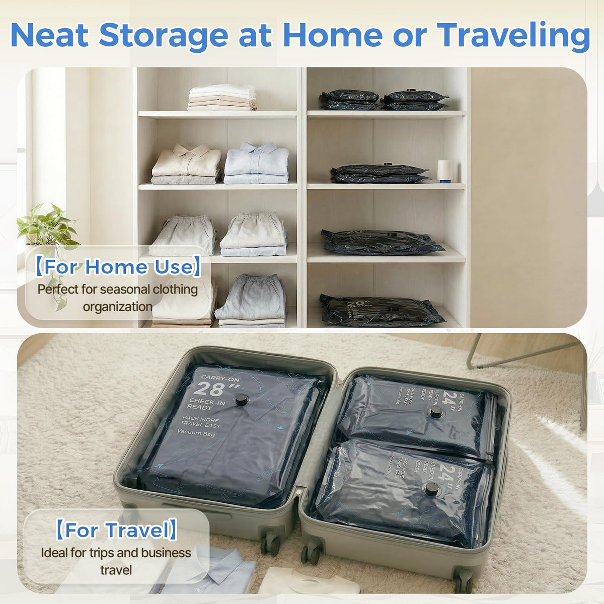 Generic large 29x21 vacuum bags stacked in luggage for bulky items.
