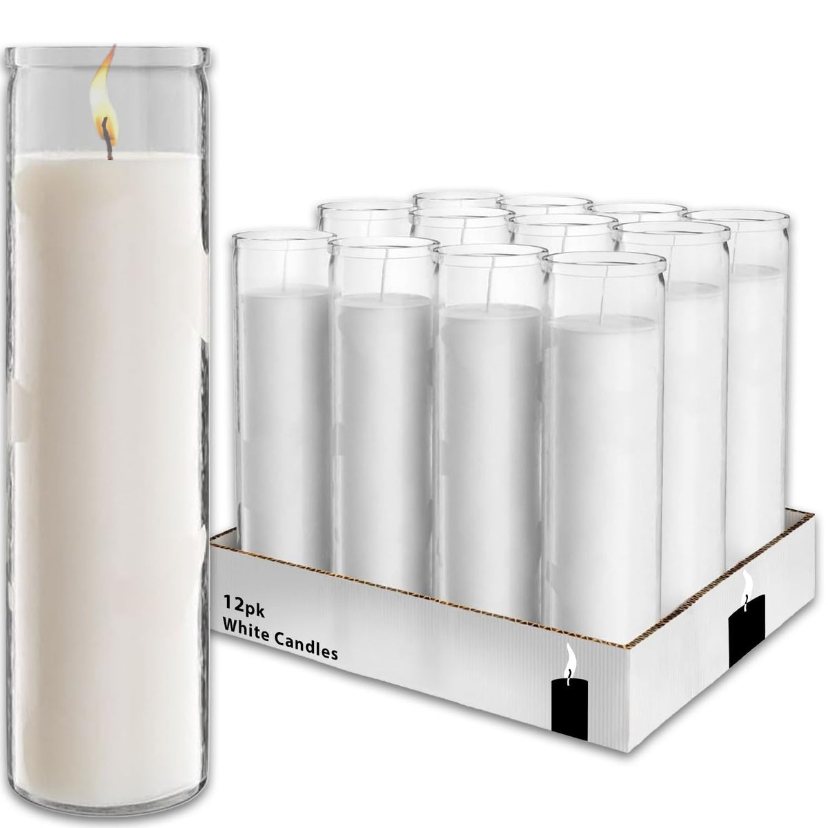 Generic White 8in prayer glass candle close-up highlighting clean burn for vigils