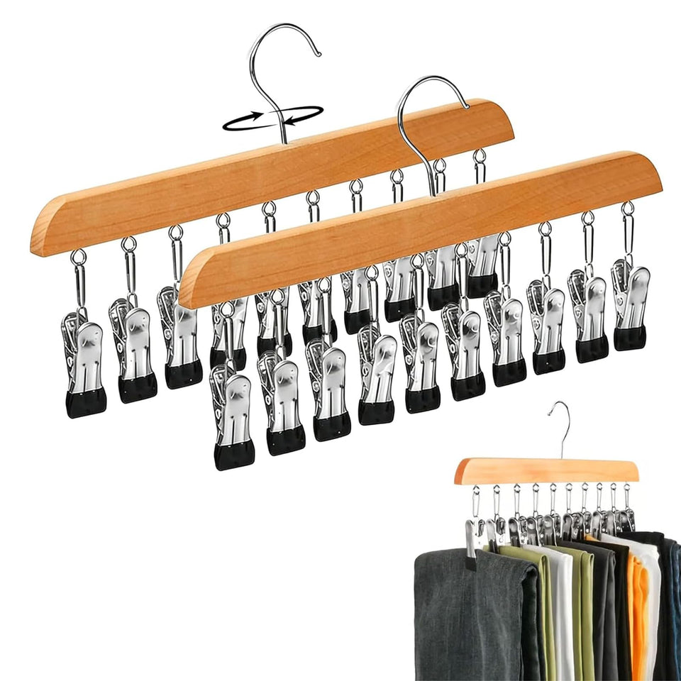 Generic wooden pants hanger with 10 clips provides secure grip and prevents creases