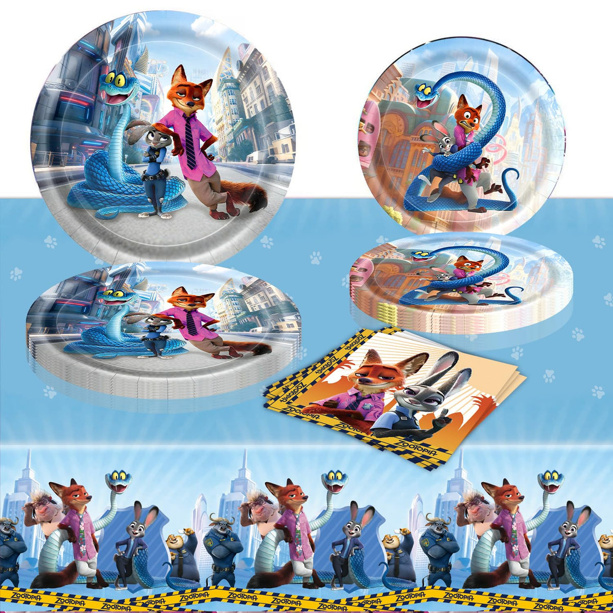 Generic Zootopia tablecloth creates a cohesive backdrop and protects surfaces