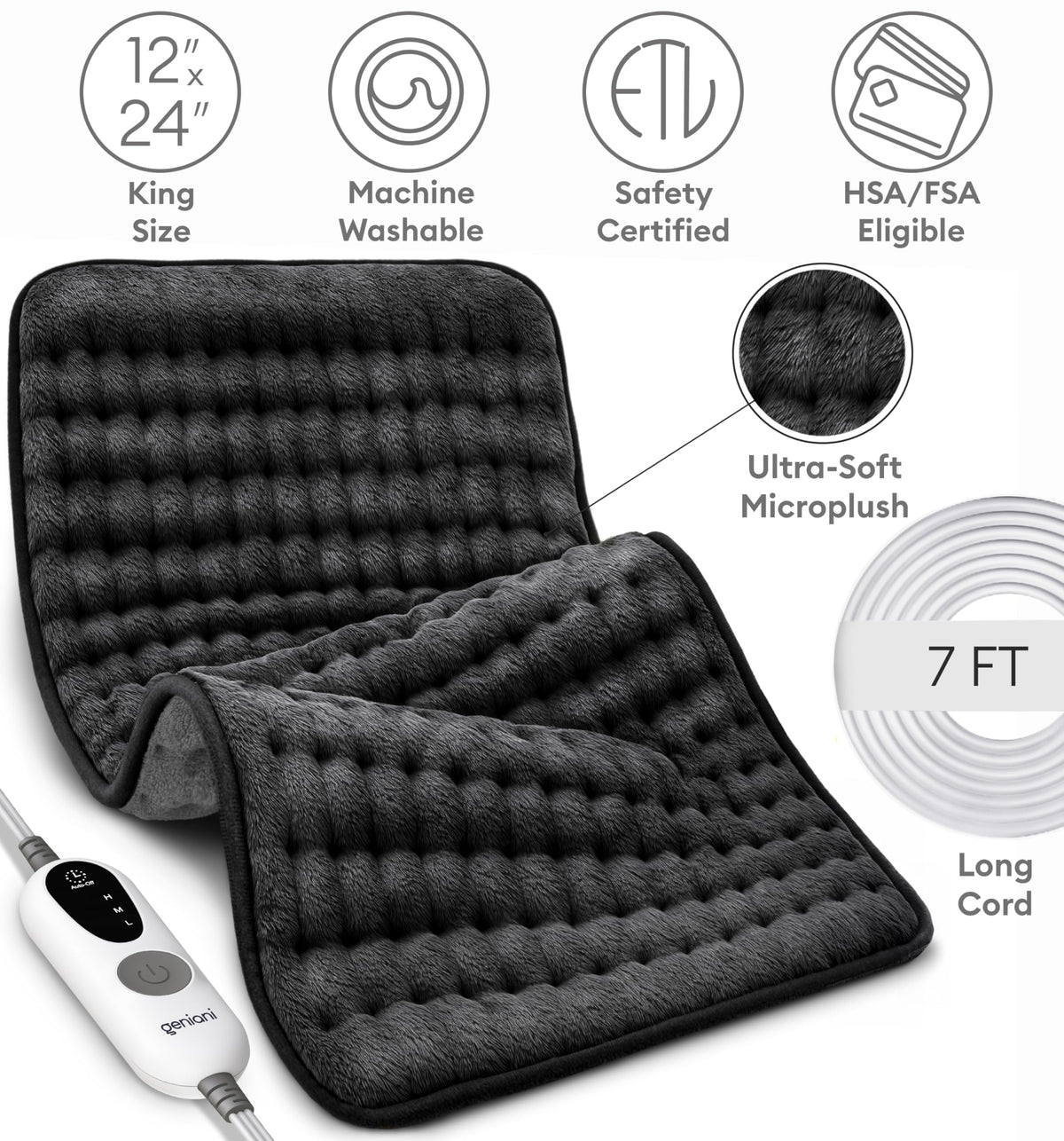 Geniani flexible microplush design hugs the body for targeted heat.