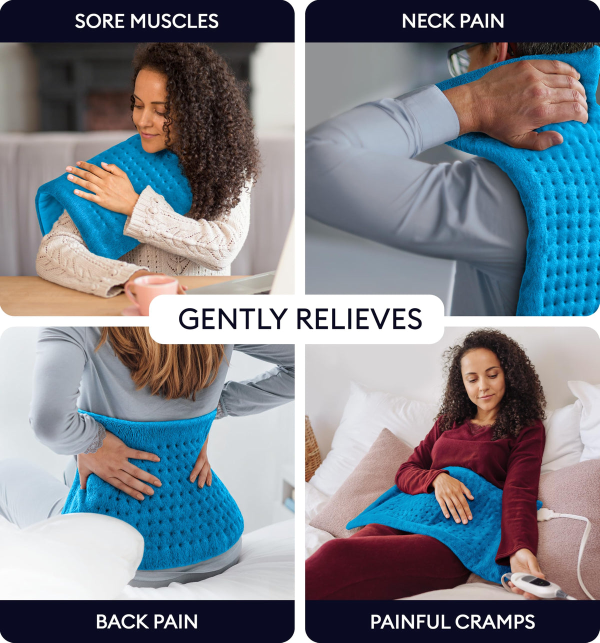 GENIANI heating pad 12x24 size contours around neck and shoulders for full relief.
