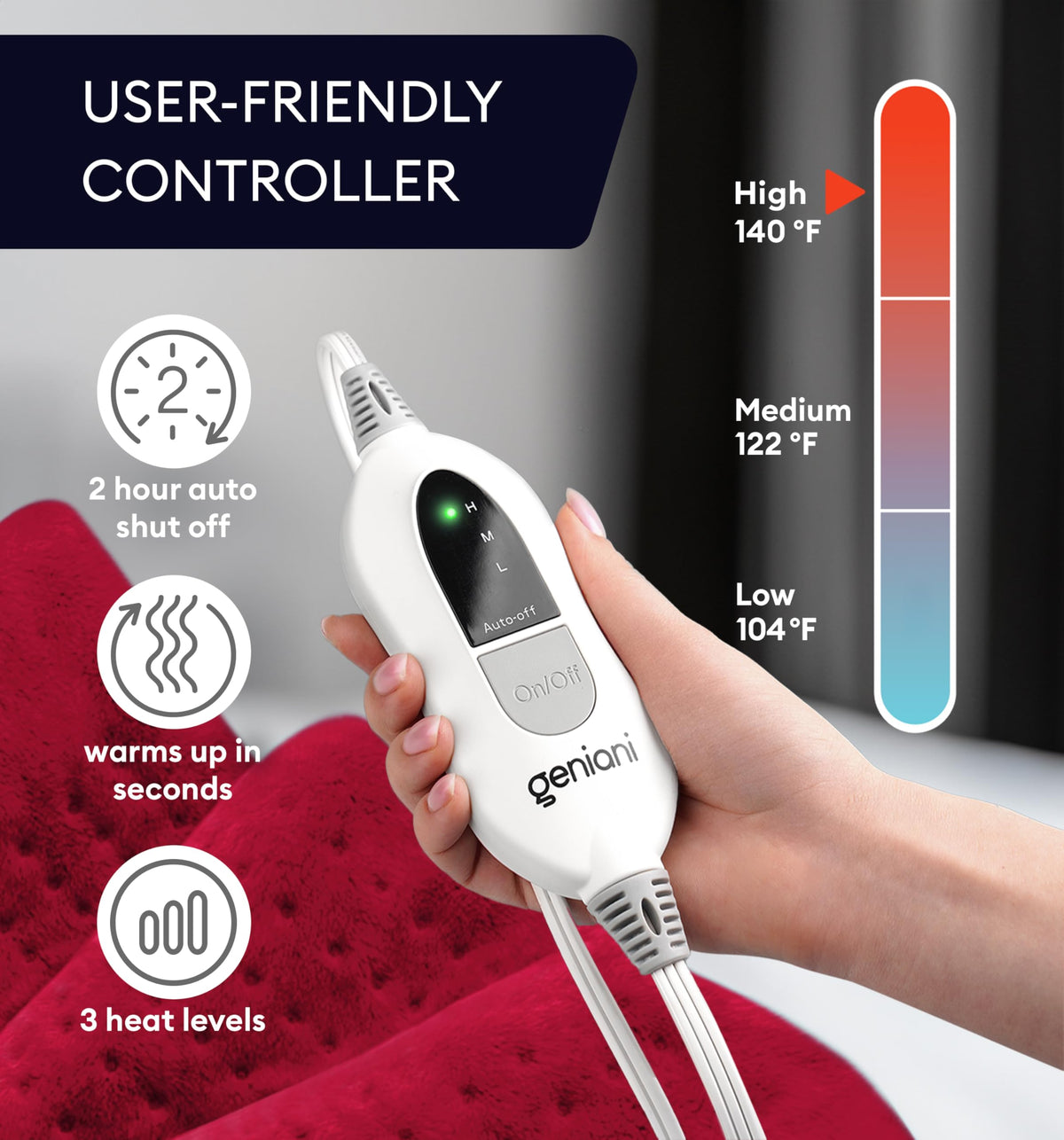 GENIANI heating pad ultra-soft plush fabric feels gentle against skin.