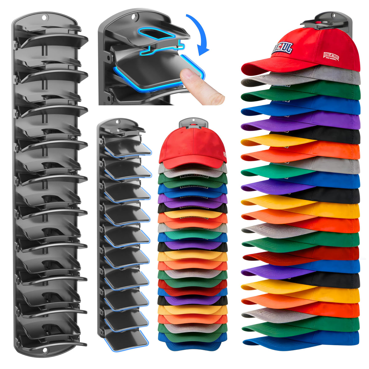 Genicuts double-capacity hat organizer with clips for easy cap access.
