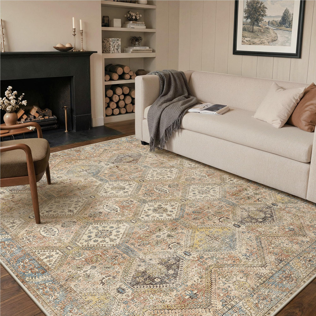 GENIMO 8x10 rug with vintage floral print offers soft texture for living spaces.