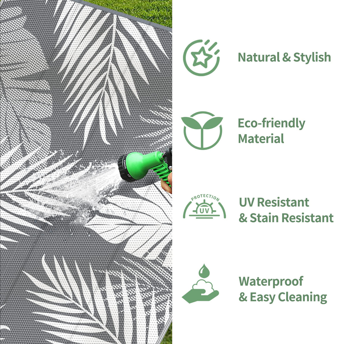 GENIMO outdoor rug with corner loops and stakes to secure on windy days.