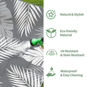GENIMO outdoor rug with corner loops and stakes to secure on windy days.