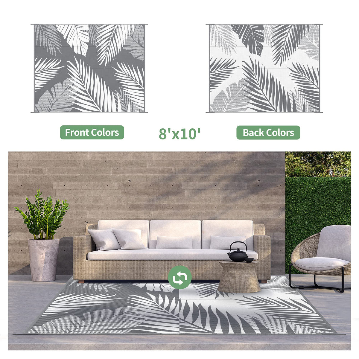 GENIMO outdoor rug reversible palm pattern on grey and white.