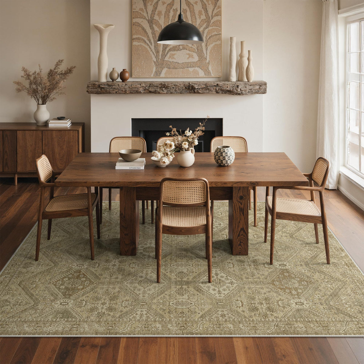 GENIMO cozy-tone rug complements modern, boho, and vintage interiors.