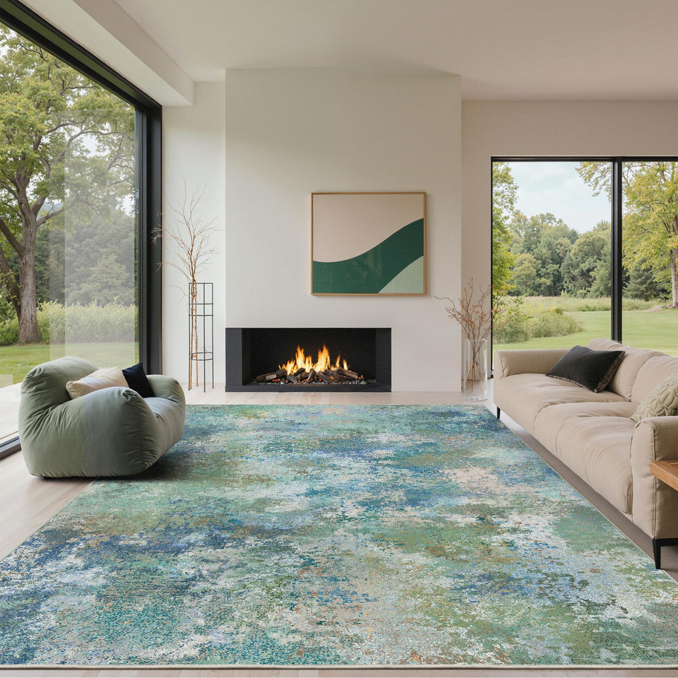 GENIMO 8x10 washable rug with blue green backdrop for easy care living room