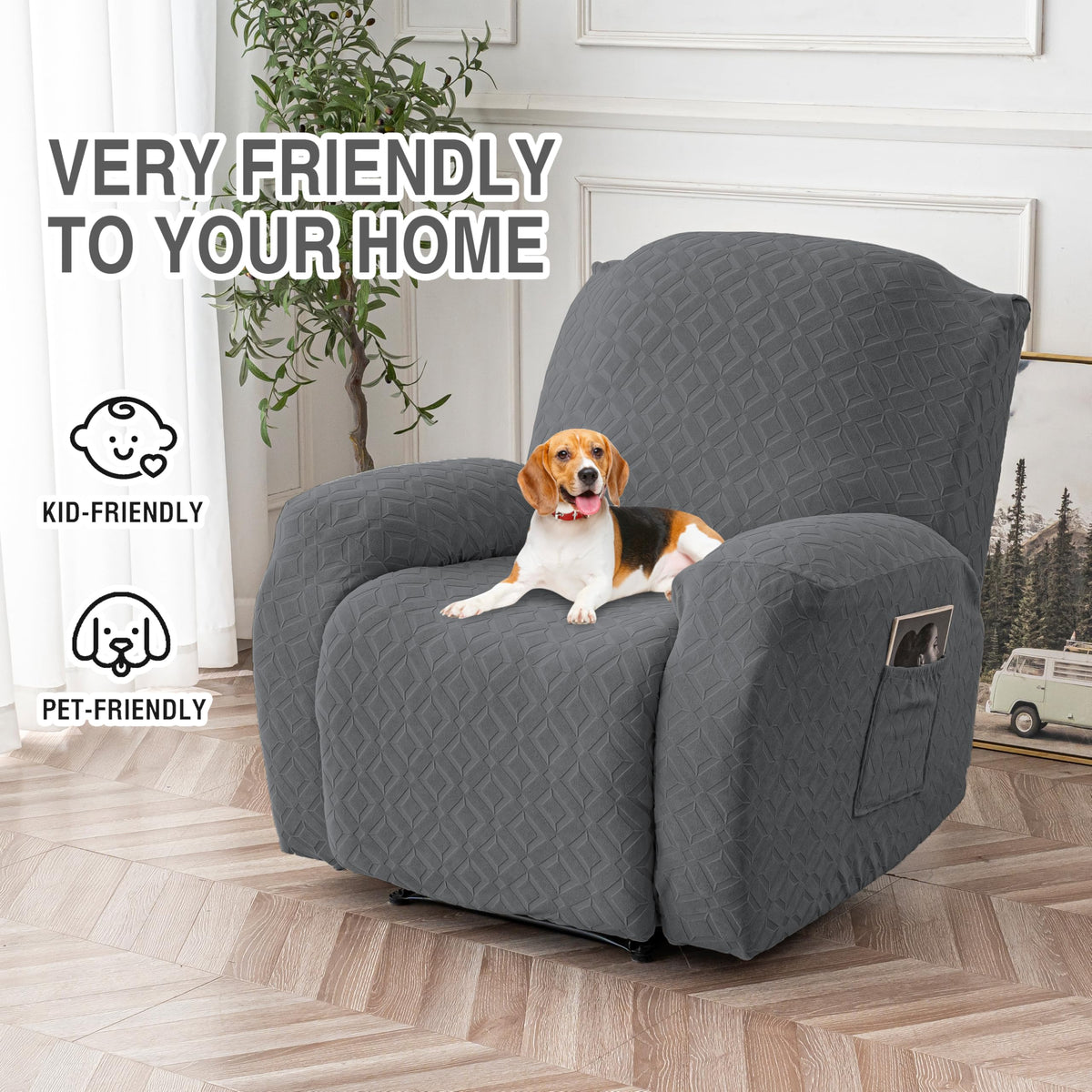 Genina Gennia waterproof recliner cover stretch-fit on recliner arm for snug look.