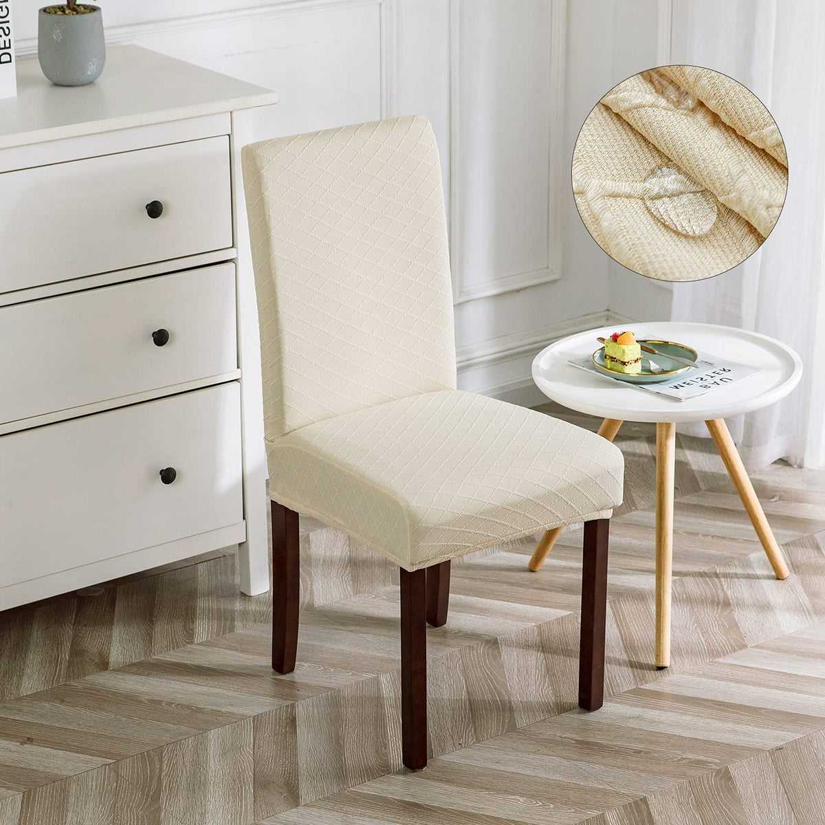 Genina beige chair cover in a dining room setting for elegant protection