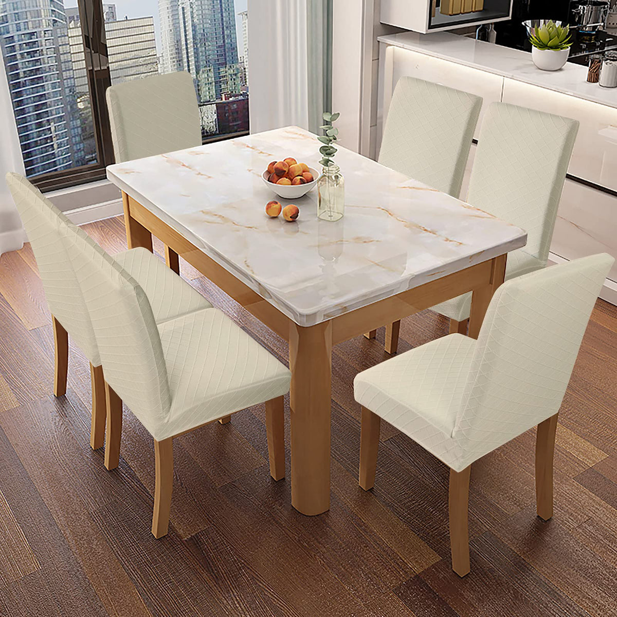 Genina chair cover beige side view showing secure stretch fit