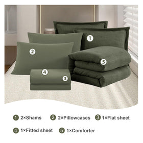 Geniospin 7-piece layout displays comforter, sheets, and pillow components for easy shopping