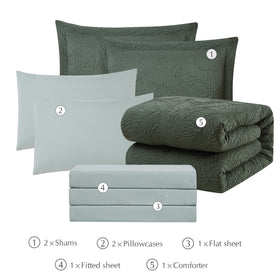 Geniospin comforter close-up shows textured botanical pattern.