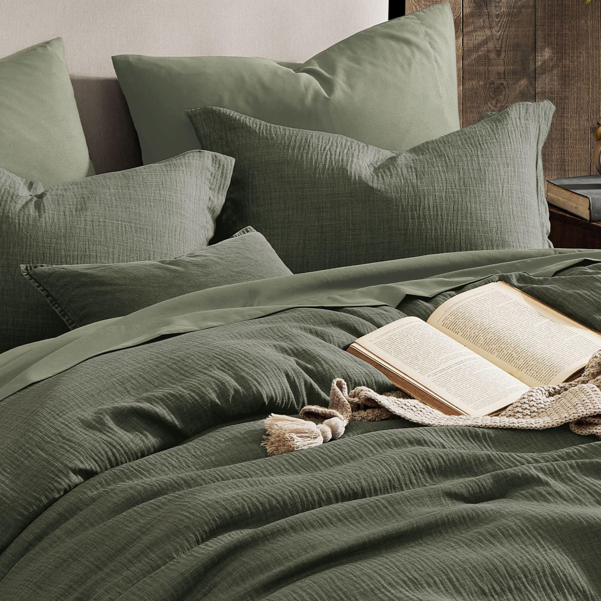 Geniospin dark olive green pillow shams emphasize texture and tailored bed ensemble
