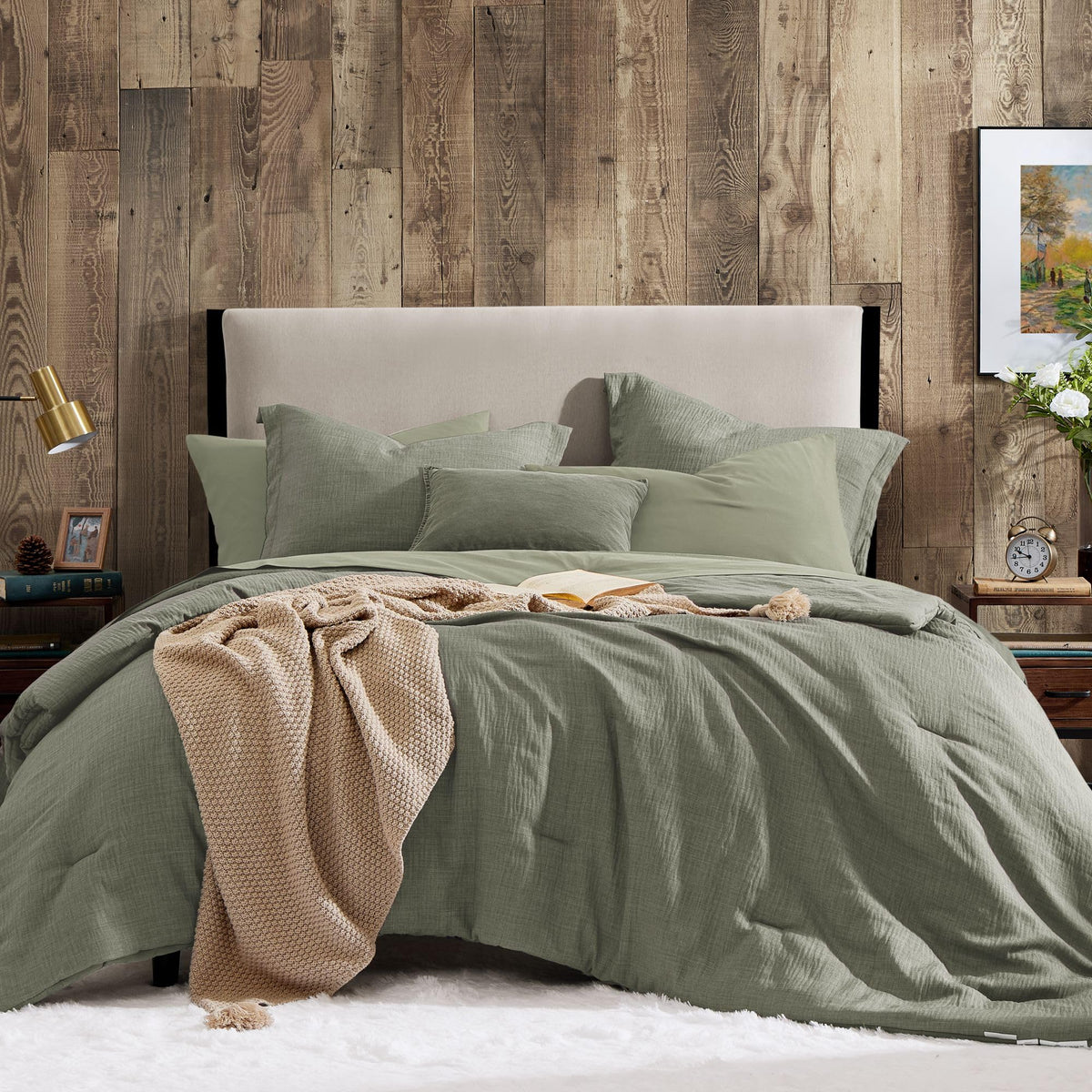 Geniospin king-size comforter set textured sage green close-up shows refined weave and premium feel
