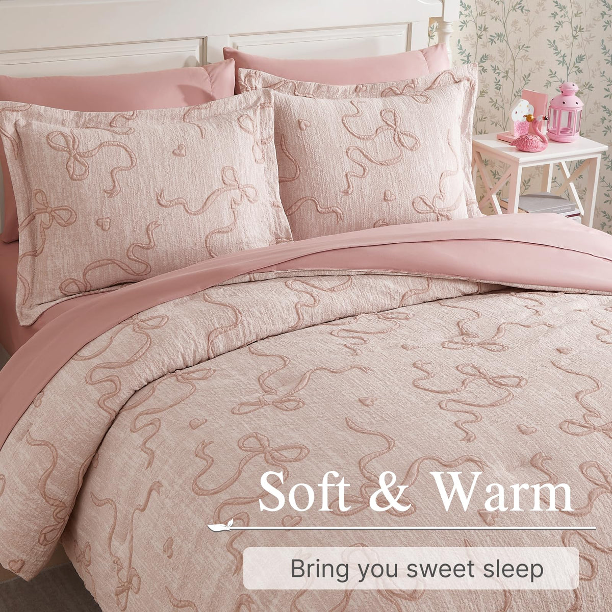 Geniospin 7-piece pink bedding set unifies sheets and pillowcases for bed-in-a-bag