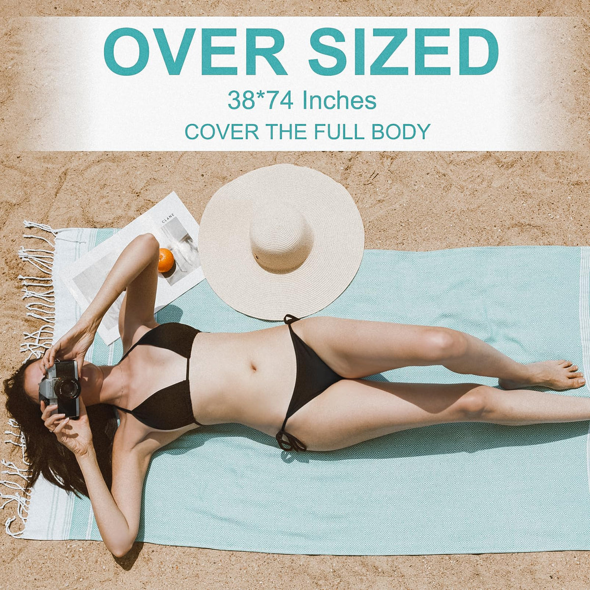 Genovega multi-color Turkish towel adds vibrant beach-day style.