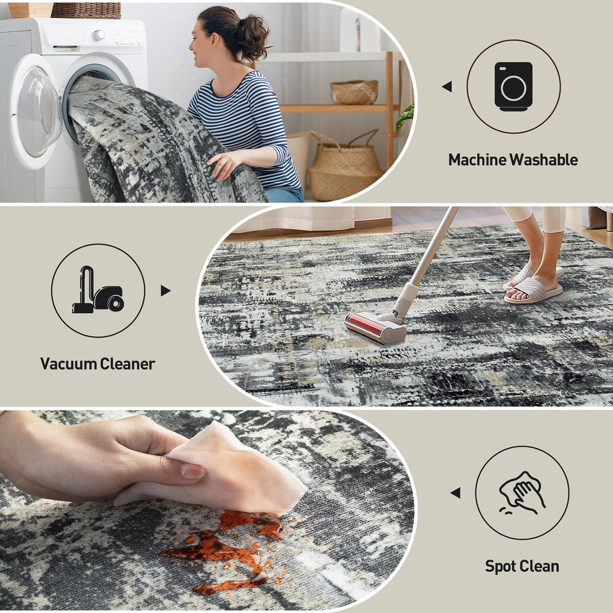 Gent drizz machine-washable rug simplifies cleaning and stain removal.